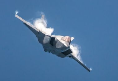 Capt. Andrew “Dojo” Olson, F-35A Lightning II Demonstration Team pilot, performs over Miami Beach, Fla., May 25, 2019. Olson performed the demo during both days of the Miami Beach Air and Sea Show. (U.S. Air Force photo by Staff Sgt. Jensen Stidham)