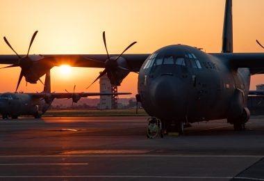 The sun rises over the 374th Airlift Wing's C-130J Super Hercules aircraft on the Yokota Air Base flightline May 26, 2019. Japan is known as the land of the rising sun because it was originally considered the easternmost country before discovery of North America, but with a 4:30 a.m. sunrise, the moniker still holds true today.