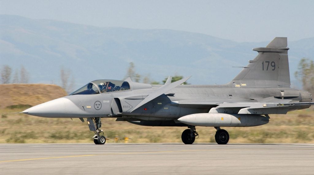 Swedish Air Force JAS-39 Gripen landing at Graf Ignatievo Air Base in Bulgaria in support of the Partnership for Peace Exercise Cooperative Key 2003 (photo by Harald Hansen, U.S. Air Force)