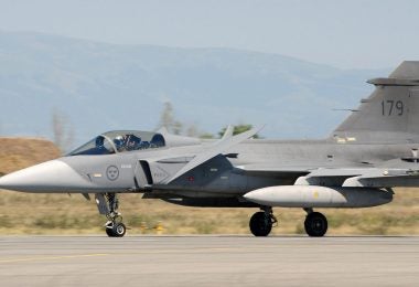 Swedish Air Force JAS-39 Gripen landing at Graf Ignatievo Air Base in Bulgaria in support of the Partnership for Peace Exercise Cooperative Key 2003 (photo by Harald Hansen, U.S. Air Force)