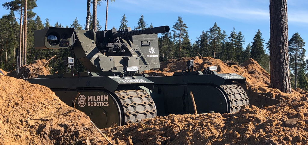 Milrem THeMIS UGV with FN Herstal deFNder RWS during exercise Spring Storm 2019 in Estonia (Source: Milrem press release)