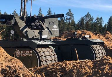 Milrem THeMIS UGV with FN Herstal deFNder RWS during exercise Spring Storm 2019 in Estonia (Source: Milrem press release)