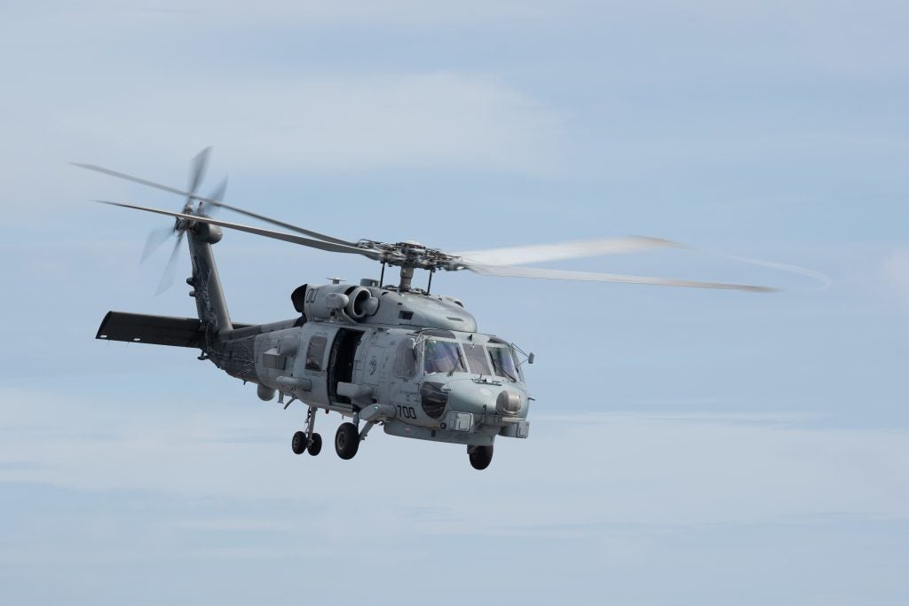 An MH-60R Sea Hawk, assigned to Helicopter Maritime Strike Squadron (HSM) 71, takes off from the flight deck of the aircraft carrier USS John C. Stennis (CVN 74) in the Pacific Ocean, Feb. 5, 2019. The John C. Stennis is deployed to the U.S. 7th Fleet area of operations in support of security and stability in the Indo-Pacific region. (U.S. Navy photo by Mass Communication Specialist 3rd Class Grant G. Grady)