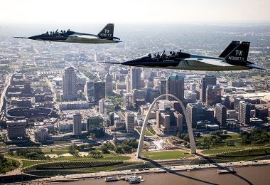 A pair of Boeing T-X prototype aircraft in-flight over St. Louis (photo courtesy of Boeing)