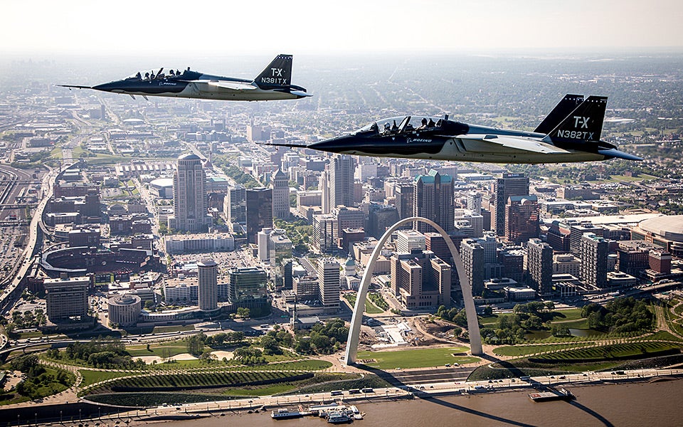 A pair of Boeing T-X prototype aircraft in-flight over St. Louis (photo courtesy of Boeing)