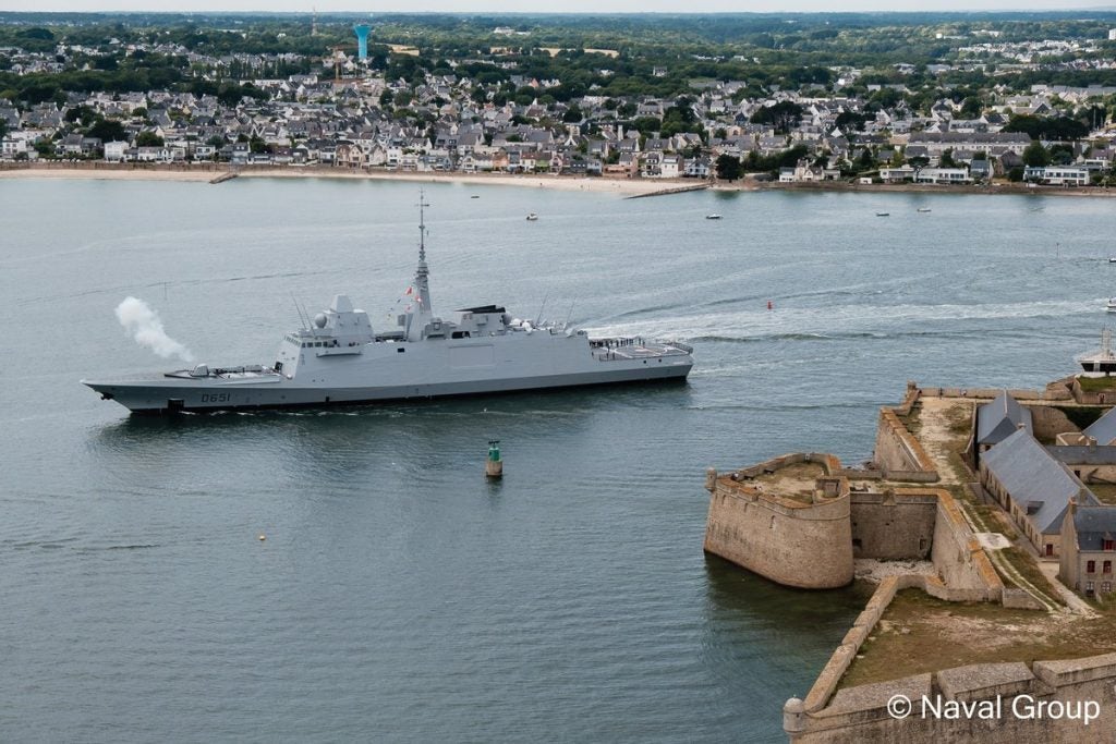 The French Navy's FREMM Frigate Normandie firing its cannon at its acceptance ceremony in July 2019 (photo courtesy of Naval Group)