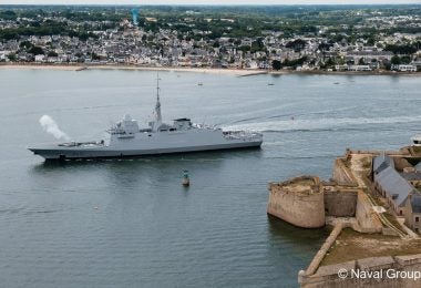 The French Navy's FREMM Frigate Normandie firing its cannon at its acceptance ceremony in July 2019 (photo courtesy of Naval Group)