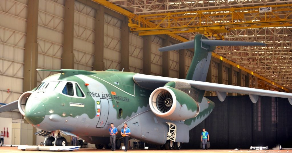 Rollout of a KC-390 in 2014 (photo courtesy of the Brazilian Ministry of Defense)