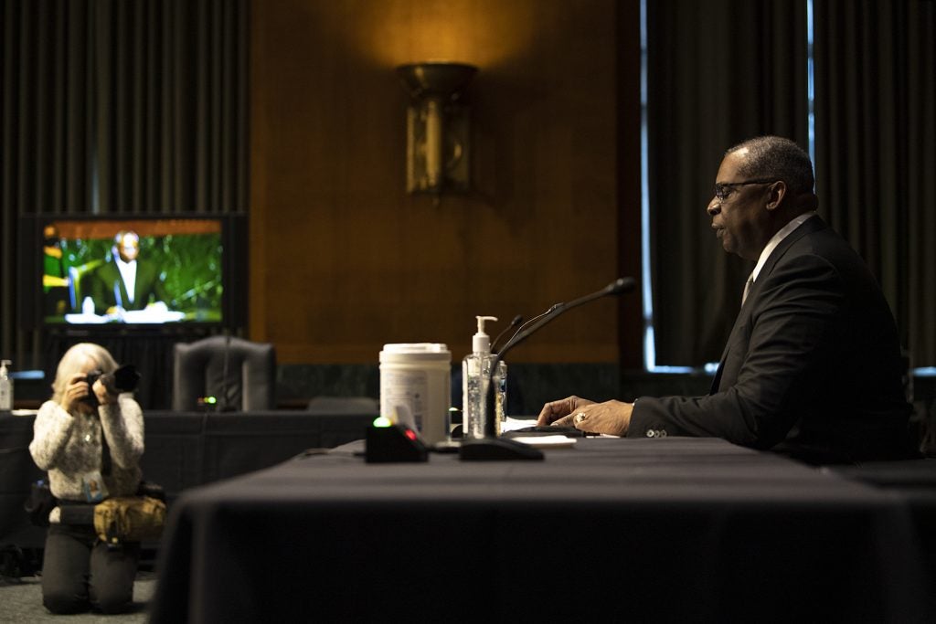 Gen. Lloyd J. Austin III gives his opening statement during his Senate Armed Forces Committee confirmation hearing in Washington, D.C. Jan. 19, 2021. (DoD photo by EJ Hersom)