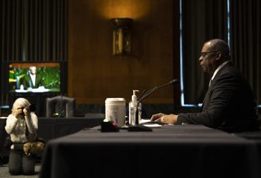 Gen. Lloyd J. Austin III gives his opening statement during his Senate Armed Forces Committee confirmation hearing in Washington, D.C. Jan. 19, 2021. (DoD photo by EJ Hersom)