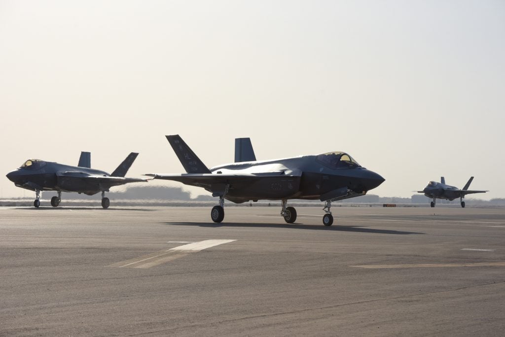 Three F-35A Lightning IIs assigned to the 4th Expeditionary Fighter Squadron taxi after landing at Al Dhafra Air Base, United Arab Emirates, April 15, 2019. The F-35A Lightning II is deployed to the Air Forces Central Command Area of Responsibility for the first time in U.S. Air Force history. (U.S. Air Force photo by Staff Sgt. Chris Thornbury)