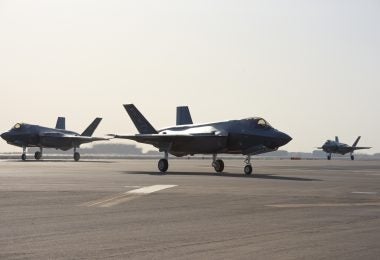 Three F-35A Lightning IIs assigned to the 4th Expeditionary Fighter Squadron taxi after landing at Al Dhafra Air Base, United Arab Emirates, April 15, 2019. The F-35A Lightning II is deployed to the Air Forces Central Command Area of Responsibility for the first time in U.S. Air Force history. (U.S. Air Force photo by Staff Sgt. Chris Thornbury)