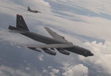 A U.S. Air Force B-52 Stratofortress assigned to the 2nd Bomb Wing, Barksdale Air Force Base, Louisiana, flies next to an Indonesian Air Force F-16 during a Bomber Task Force (BTF) deployment in the Indo-Pacific region, Sept. 1, 2021. This is the first time a B-52 has integrated with the Indonesian Air Force during flight. BTF missions demonstrate the credibility of our forces to address a diverse and uncertain security environment. (Courtesy Photo of Indonesian Air Force)