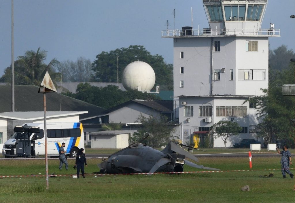 The remains of a RMAF Hawk 108 destroyed in a crash on the night of 16 November (Bernama)