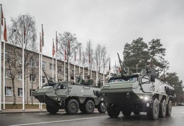 Two of four Patria CAVS delivered to Latvia's Ādaži military base on 3 November (Sergeant Gatis Indrēvics/Latvian Ministry of Defense)