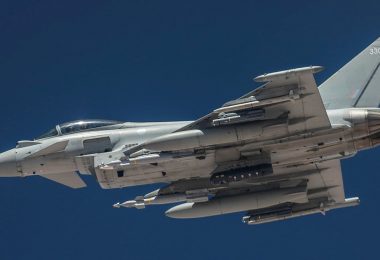 A Royal Air Force Typhoon on overwatch operations over the Middle East as part of Operation SHADER ((Cpl Lee Matthews/Crown Copyright)