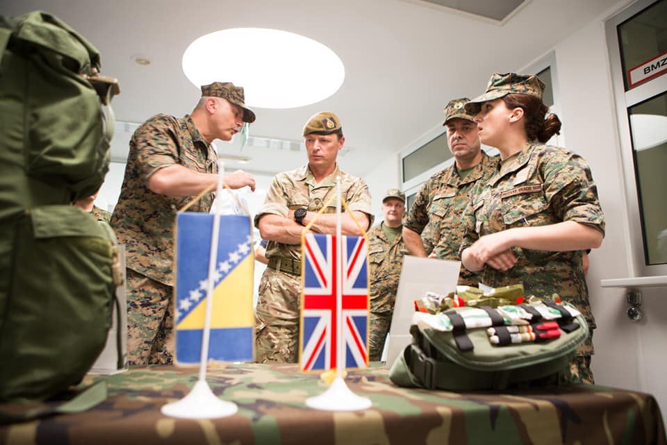 Bosnian and British flags are seen on a table during a visit by British Army Deputy Chief of Staff Colonel General Charles R V Walker DSO to the Bosnia and Herzegovinian Armed Forces (British Embassy Sarajevo)