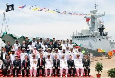 Group photo of Pakistan Navy ad Chinese officials during commissioning ceremony of Pakistan Navy ship Taimur held at Hudong Zhonghua Shipyard