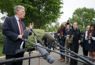 White House National Security Advisor Ambassador John Bolton talks to reporters Wednesday, May 1, 2019, outside the West Wing entrance of the White House. (Official White House Photo by Tia Dufour)