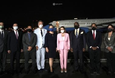 Speaker of The House Nancy Pelosi poses for a photo at Songshan airport