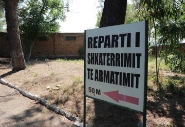 A sign at the Gramsh arms plant in Albania pointing towards a weapon disposal facility there (Albanian Defence Ministry)