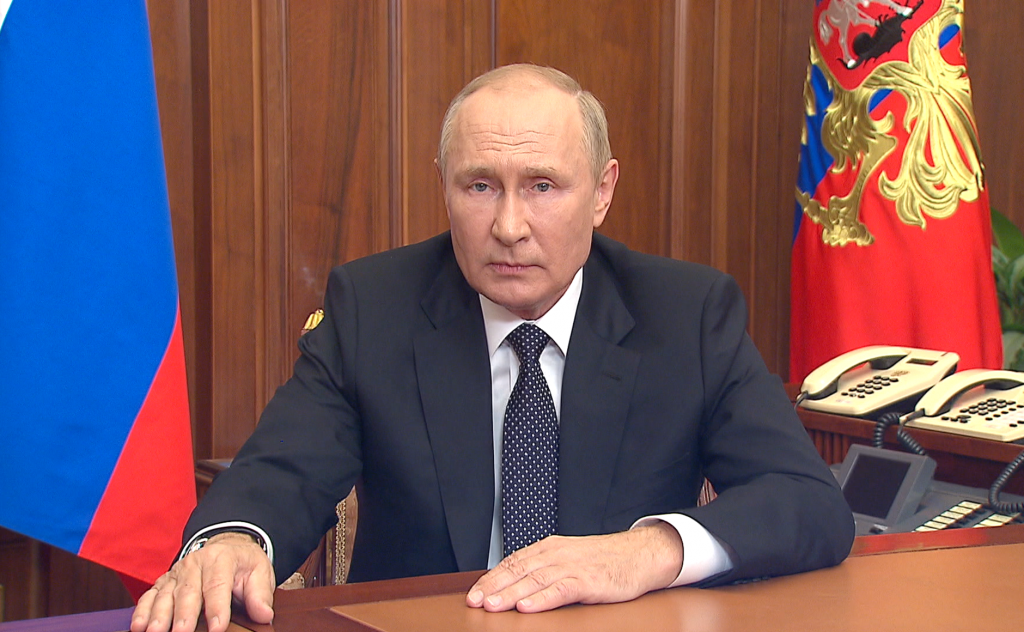 Kremlin handout picture of Russian President Vladimir Putin during a pre-recorded speech announcing a "partial mobilization" of Russian reservists