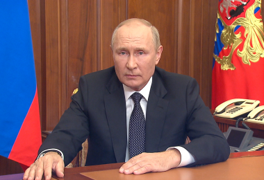 Kremlin handout picture of Russian President Vladimir Putin during a pre-recorded speech announcing a "partial mobilization" of Russian reservists