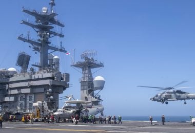 220614-N-DU622-1028 PACIFIC OCEAN (June 14, 2022) An MH-60R Sea Hawk helicopter, from the "Battlecats" of Helicopter Strike Maritime Squadron (HSM) 73, lifts off of the flight deck of the aircraft carrier USS Nimitz (CVN 68). Nimitz is underway in the U.S. 3rd Fleet area of operations. (U.S. Navy photo by Mass Communication Specialist 3rd Class Justin McTaggart)