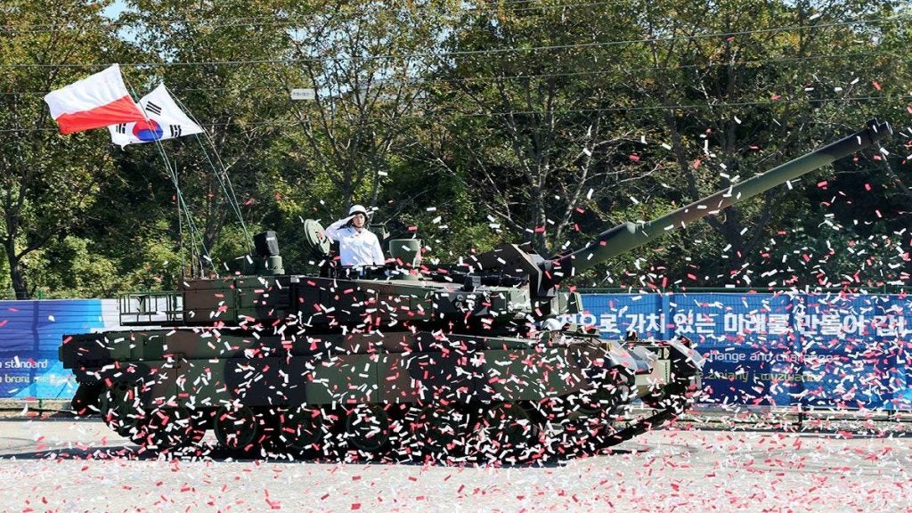 Confetti flies during Hyundai Rotem's "Gap Filler" ceremony rolling out the first 10 K2 main battle tanks for Poland (Hyundai Rotem/Korea Defense Blog)