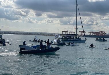 Protesters including IDF naval reservists against judicial reforms proposed by Israeli Prime Minister Benjamin Netanyahu form a flotilla at the port of Haifa March 9.