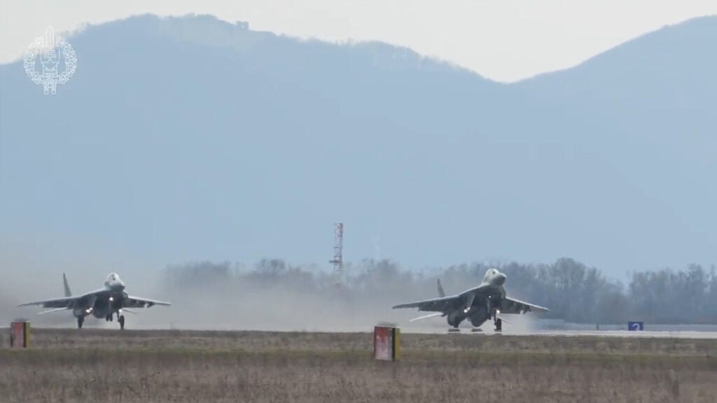 Two of the first four MiG-29s delivered to Ukraine by Slovakia take off for Ukraine on March 23, 2022. (Ministry of Defence of the Slovak Republic)