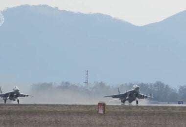 Two of the first four MiG-29s delivered to Ukraine by Slovakia take off for Ukraine on March 23, 2022. (Ministry of Defence of the Slovak Republic)