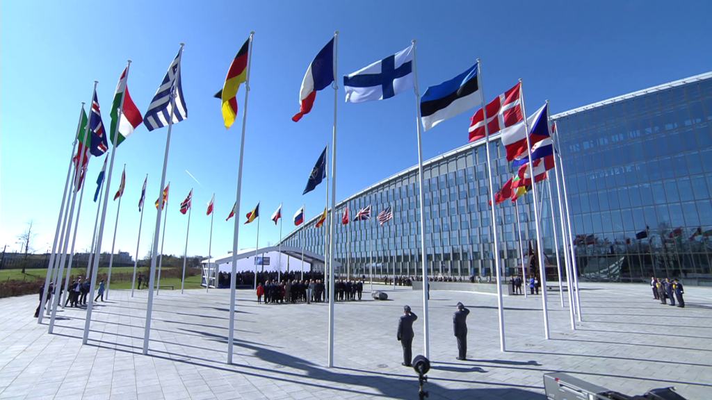 The flag of Finland is officially raised for the first time at NATO headquarters in Brussels, Belgium, on April 4 2023.