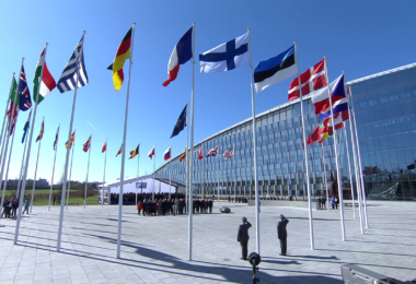 The flag of Finland is officially raised for the first time at NATO headquarters in Brussels, Belgium, on April 4 2023.