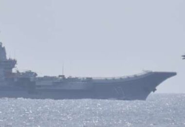 A PLA Navy J-15 fighter is seen taking off from the Shandong aircraft carrier during the April 2023 Joint Sword exercises (Joint Staff of Japan)