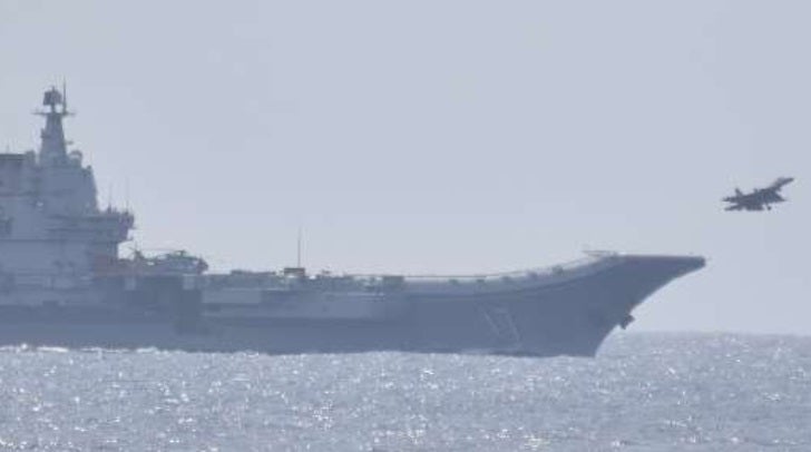 A PLA Navy J-15 fighter is seen taking off from the Shandong aircraft carrier during the April 2023 Joint Sword exercises (Joint Staff of Japan)