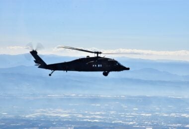 A UH-60JA of the JGSDF's 8th Rapid Deployment Division flying over Kyushu in January 2023 (JGSDF 8th Division)