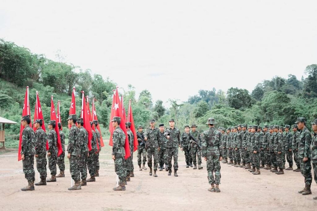 People's Defense Force members in Taungoo district, Bago Region mark the one year anniversary of their founding on May 6. (National Unity Government of Myanmar)