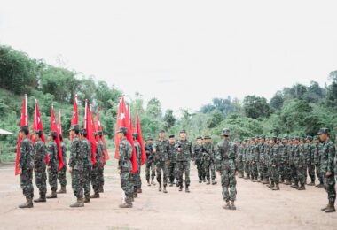People's Defense Force members in Taungoo district, Bago Region mark the one year anniversary of their founding on May 6. (National Unity Government of Myanmar)