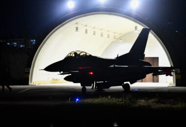 A U.S. Air Force F-16 Fighting Falcon assigned to the 8th Fighter Wing, Kunsan Air Base, Republic of Korea, undergoes post-flight checks during Fiscal Year 2023 Korea Flight Training at Gwangju AB, ROK, Apr. 26, 2023. KFT 23 is a combined training event focused on tactical execution of combat missions to maintain military readiness and is part of the ROK-U.S. alliance’s routine, annual training program. (U.S. Air Force photo by 1st Lt. Cameron Silver)