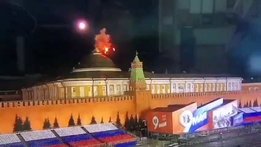 A still frame of a CCTV recording showing a flying object apparently exploding over the Kremlin Senate drone on the night of May 2.