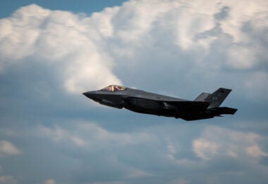 A U.S. Air Force F-35A Lightning II aircraft, assigned to the 158th Fighter Wing, Vermont National Guard, departs from Spangdahlem Air Base, Germany in support of the German-led, multinational exercise, Air Defender 2023 (AD23), June 15, 2023. Featuring approximately 250 aircraft, including aircraft from over 40 National Guard units, AD23 is the largest air exercise in NATO's history. (U.S. Air Force photo by Airman 1st Class Albert Morel)