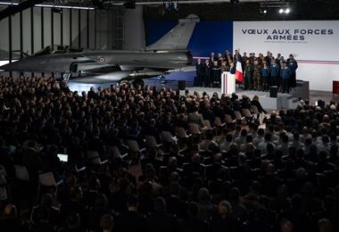 Picture taken at the Mont-de-Marsan, Voeux aux armées 2023 where President Emmanuel Macron first announced the military spending / From Presidence de la Republique