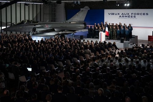 Picture taken at the Mont-de-Marsan, Voeux aux armées 2023 where President Emmanuel Macron first announced the military spending / From Presidence de la Republique