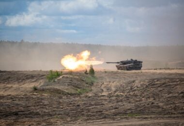 A German Leopard 2 with NATO's Enhanced Forward Presence Battle Group Lithuania opens fire during a training exercise (NATO EFP Battle Group Lithuania)