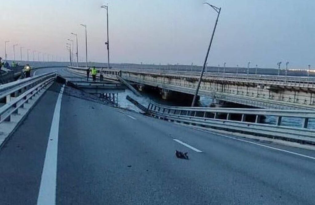 A road section of the Crimea Bridge damaged after an explosion during the early hours of July 17