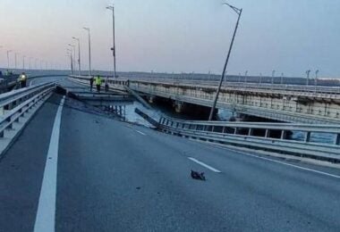 A road section of the Crimea Bridge damaged after an explosion during the early hours of July 17