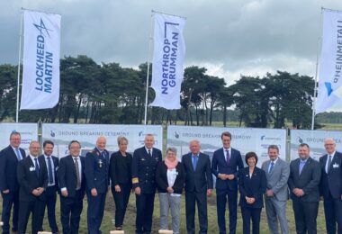 Officials from Lockheed Martin, Northrop Grumman, Rheinmetall and the German government at the August 1 groundbreaking of Rheinmetall's future factory for F-35 fuselage sections in Weeze