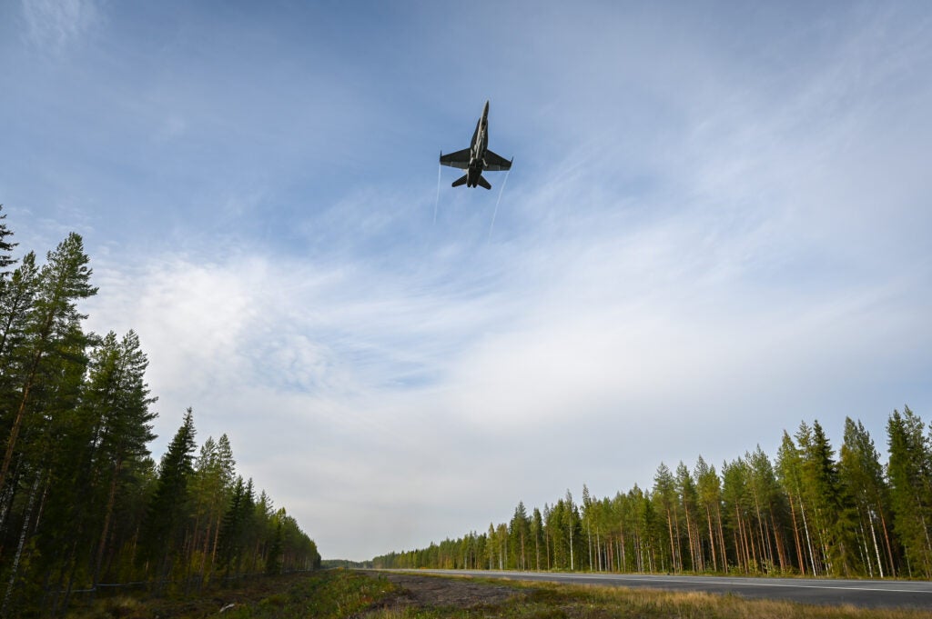 A Finnish Air Force F/A-18 Hornet takes off from a road runway during Baana 23 (Tuulia Kujanpää/Finnish Air Force)