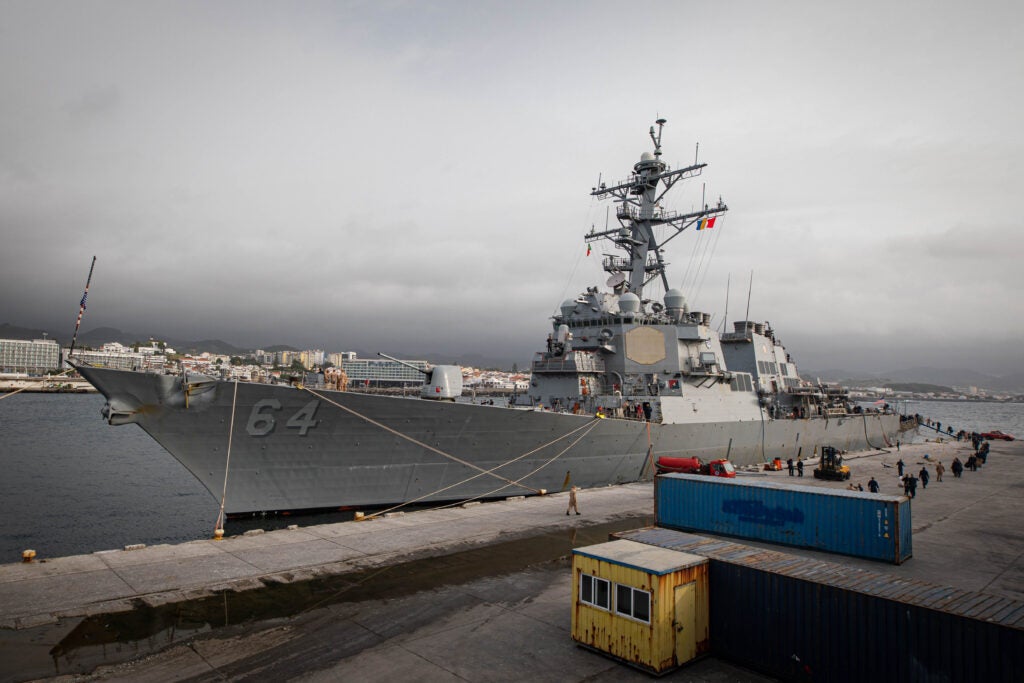 231005-N-GF955-1225 AZORES, PORTUGAL (Oct. 5, 2023) The Arleigh Burke-class guided-missile destroyer USS Carney (DDG 64) moors in Azores, Portugal during a brief stop for fuel, Oct. 5, 2023. Carney is on a scheduled deployment in the U.S. Naval Forces Europe area of operations, employed by the U.S. 6th Fleet, and U.S. 5th Fleet to defend U.S., allied and partner interests. (U.S. Navy photo by Mass Communication Specialist 2nd Class Aaron Lau)